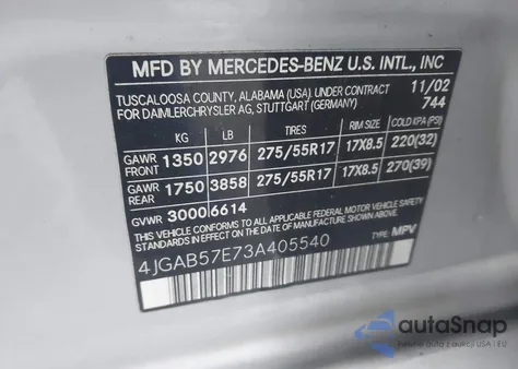 2003 Mercedes-Benz Ml 350 z USA, uszkodzony, nr VIN 4JGAB57E73A405540
